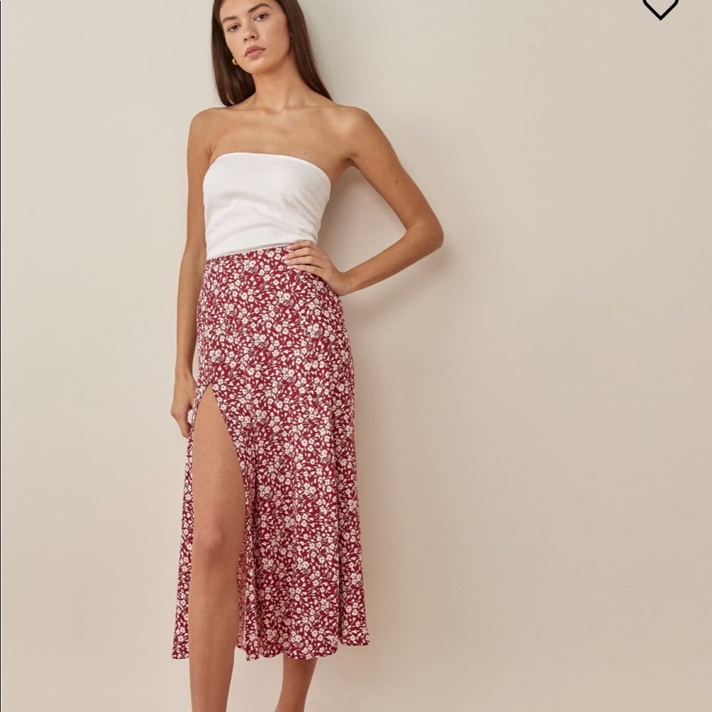 Reformation Red Floral Midi Skirt